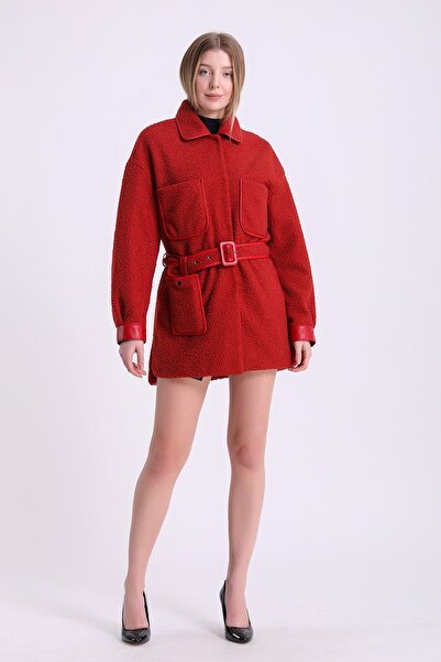 Leather Club Kırmızı Aksesuarlı Deri Kaban