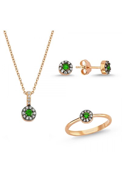 Altın Sepeti Altın Yeşil Beyaz Taşlı Mini Üçlü Set