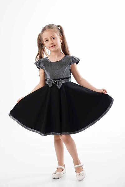 ÖFİ Kids Kız Çocuk Siyah Simli Fiyonklu Sade Şık Elbise