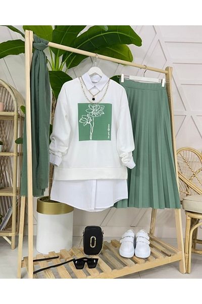 MODA HEVRA Flower Printed Suit with Pleated Skirt