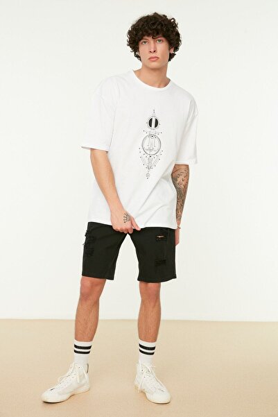 Trendyol Collection Black Oversize/Wide Fit Geometric Printed 100% Short Sleeve T-Shirt Tmnss22Ts0155