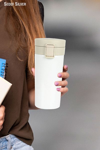 SEDEF SİLVER Single Hand Bass Inner Stainless Steel Thermos 380 ml Push Leak Proof Double Layer Travel Mug Thermos 522