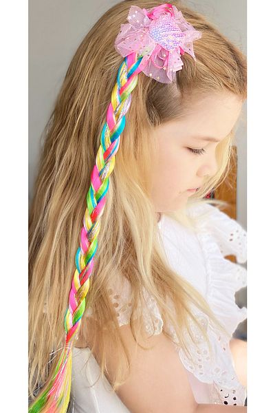 QUEEN AKSESUAR Glittery Sequin Mussel Rainbow Unicorn Long Knitted Hairpiece Children's Hair Clip