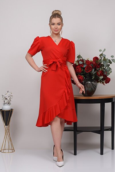 lovebox Rochie de seară roșie, lungime midi, cu guler dublu, mâneci scurte, c...