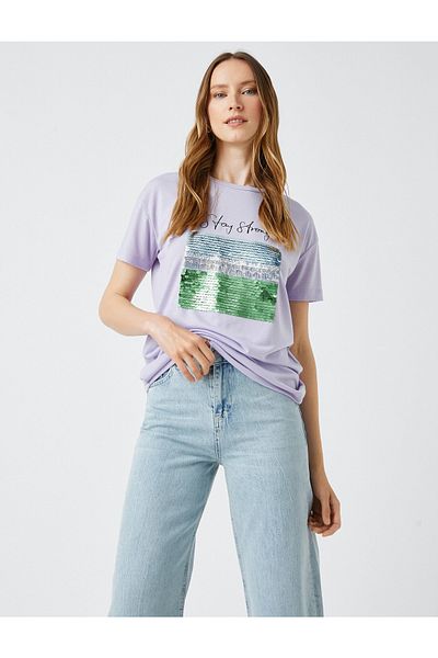Koton Tricou cu mânecă scurtă imprimat cu paiete și decolteu