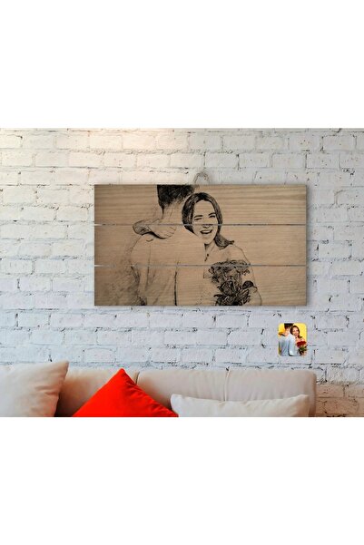 Bk Gift Kişiye Özel Karakalem Tasarımlı Otantik Ahşap Palet Tablo