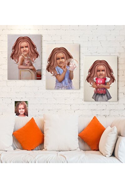 Bk Gift Kişiye Özel 3'lü Kız Çocuk Illüstrasyon Tasarımlı Kanvas Tablo Seti 3...