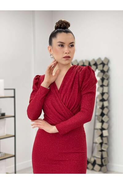 giyimmasalı Simli Kalem Elbise - Kırmızı