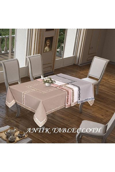 Finezza Antique Jacquard Bordered Linen Fabric Powder Tablecloth 160x230 Cm - 1131