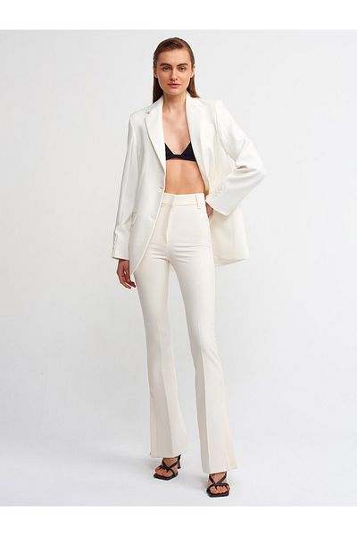 Dilvin 5019 High Waist Trousers with Slit Legs-white