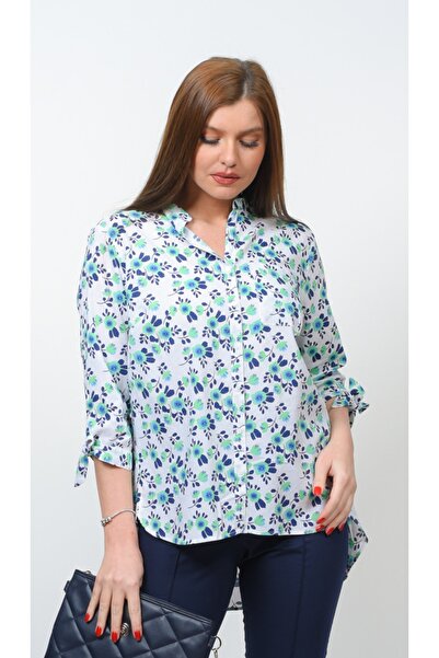 TUSSE Floral Patterned Cotton Three-Quarter Sleeve Plus Size Shirt