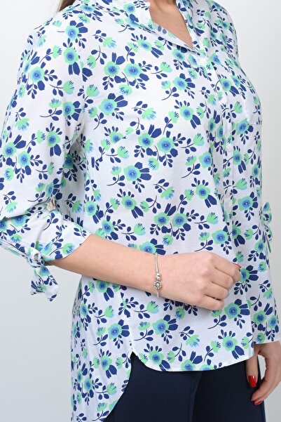 TUSSE Floral Patterned Cotton Three-Quarter Sleeve Plus Size Shirt