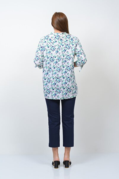 TUSSE Floral Patterned Cotton Three-Quarter Sleeve Plus Size Shirt