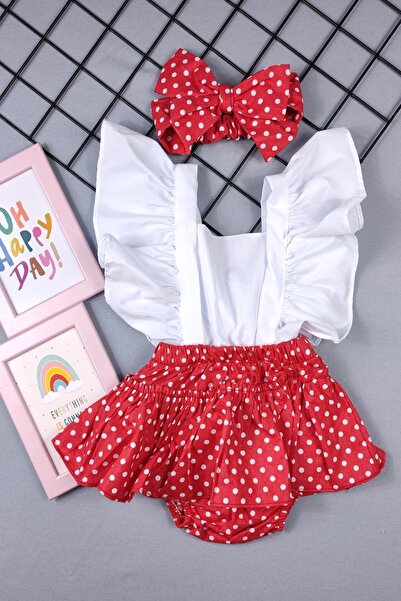 ADABEBEK Kız Bebek Fırfırlı Puanlı Bandanalı Salopet Takım