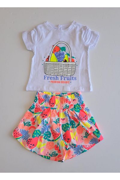 Çikoby Baby Girl Fruit Patterned Elastic Waist Shorts Set