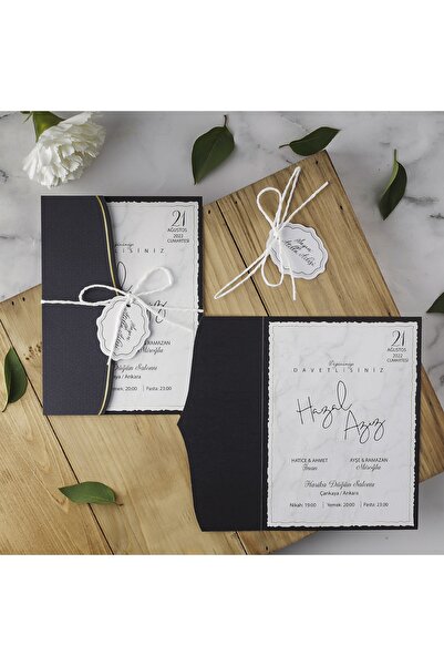 POLEN DAVETİYE Siyah Katlamalı Düğün Davetiyesi - Ekp40185