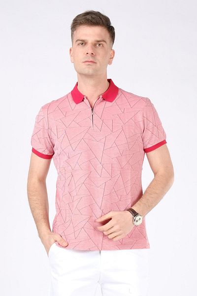 Giyim Dünyası Men's Geometric Pattern Zippered Polo Collar T-shirt Red