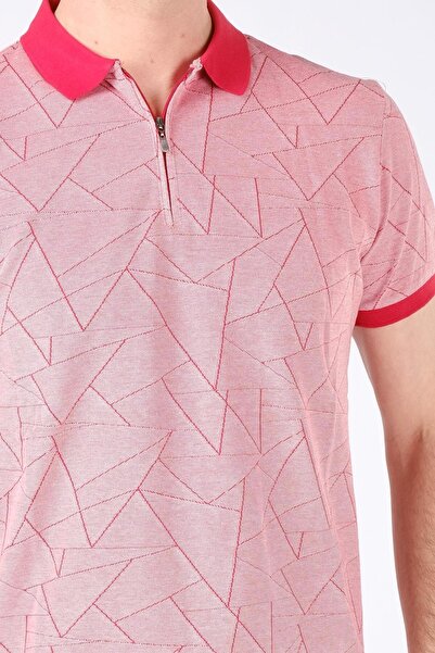 Giyim Dünyası Men's Geometric Pattern Zippered Polo Collar T-shirt Red