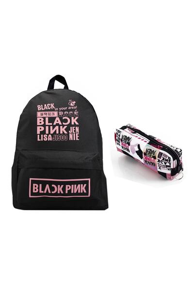 ketnez حقيبة ظهر مدرسية سوداء مطبوعة باللون الوردي الأسود ومجموعة حامل قلم