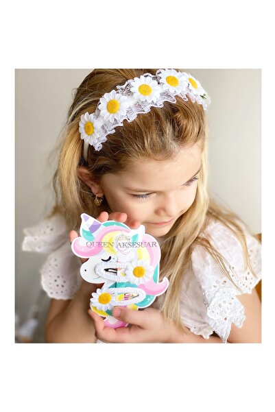 QUEEN AKSESUAR Papatya Çiçekli Taç Örgü Yan Çıtçıt Toka Seti 3lü Kadın Çocuk
