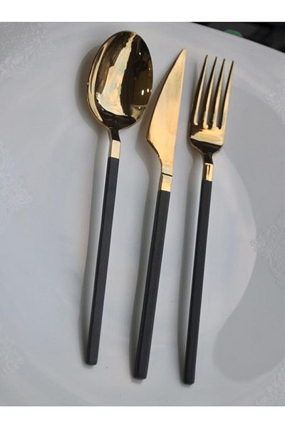 DMR LİFE طقم سكاكين وشوكة وملعقة من Diamond Titanium Gold Black مكون من 48 قطعة لـ 8 أشخاص