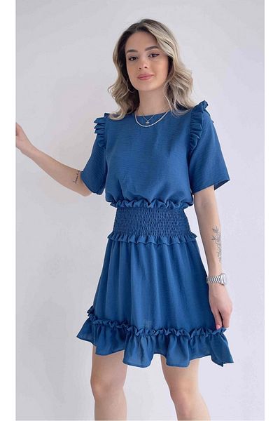 vuvutasarım Rochie mini albastră evazată cu mânecă scurtă, cu talie din țesătură Aerobin, pentru femei 038