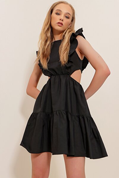 Trend Alaçatı Stili Dámské černé popelínové šaty s výstřihem do pasu ALC-X8503