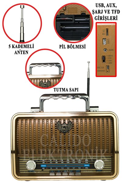 Calido Elektronik Rt-859 Bluetooth Destekli Kumandalı Ahşap Nostaljik Radyo U...