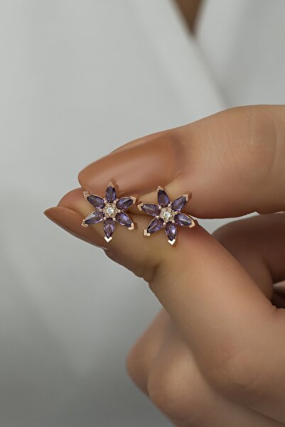 Nereze 925 Ayar Gümüş Mor Taşlı Lotus Çiçeği Küpe