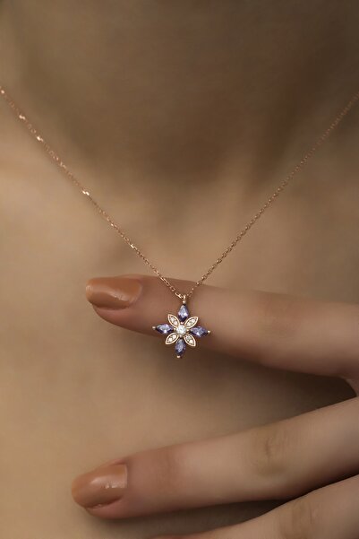 Nereze 925 Ayar Gümüş Rose Mor Zirkon Taşlı Çiçek Kolye