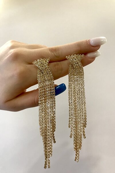 alsaccessories Women's Stone Gold Color Long Top Model Dangle Earrings