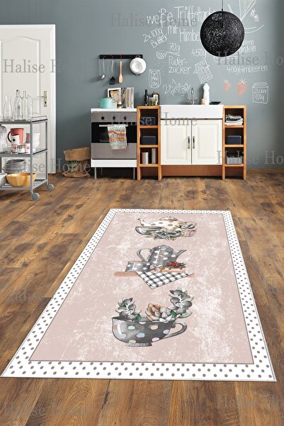 Halise Home Kaymaz Taban Dijital Baskı Yıkanabilir Pembe Mutfak Halısı