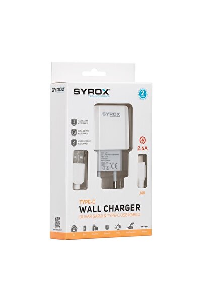 Genel Markalar Syrox J48 Hızlı Şarj Type-c Usb-c Kablolu Duvar Şarj Aleti 2.6...