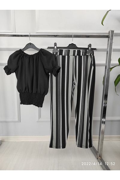 Masal Dünyası Bursa Girl's Suit with Gathered Waist Crepe Striped Trousers 7-11 Years 3 Colors