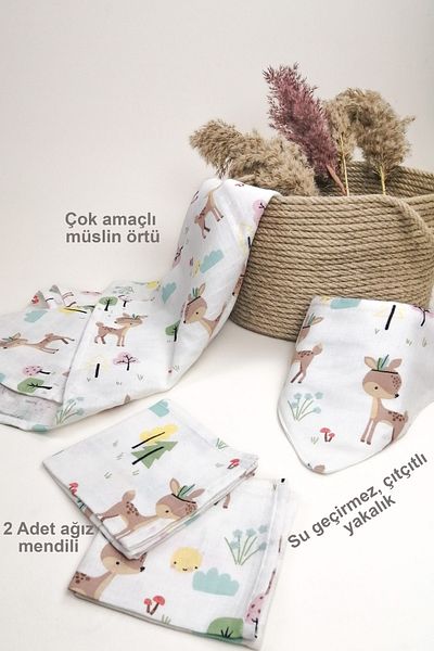 la mure baby Organic Muslin Set, Muslin Cover, Waterproof Collar, 2 Handkerchiefs