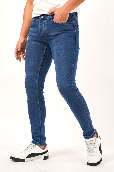 MODAMESTO Erkek Mavi Slim Fit Likralı Dar Paça Kot Pantolon