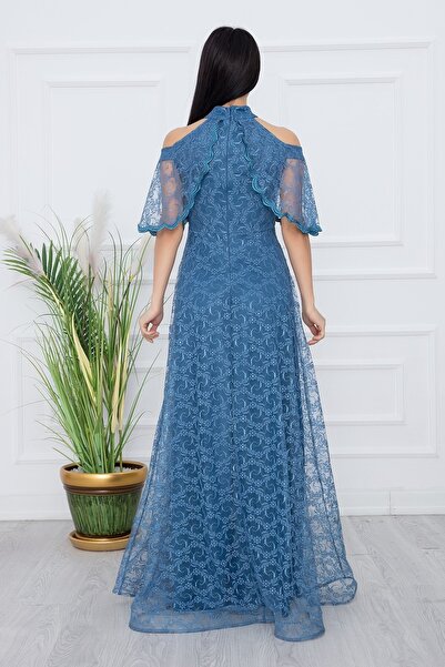 PULLIMM Довга мереживна вечірня сукня з деталями на плечах 13328