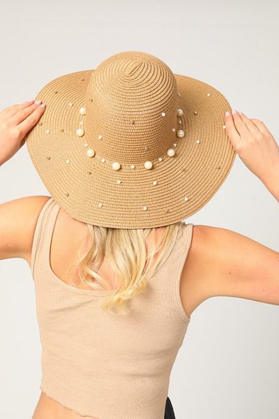 MARBERRY Camel Pearl Detailed Straw Women's Hat
