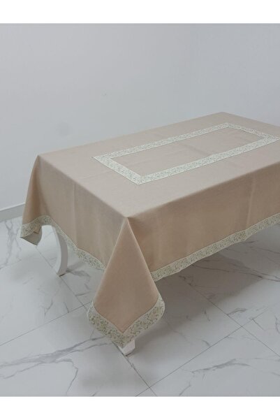 Finezza Față de masă din țesătură de in cu bordură jacquard Gonca, bej, 160x230 cm - 1132