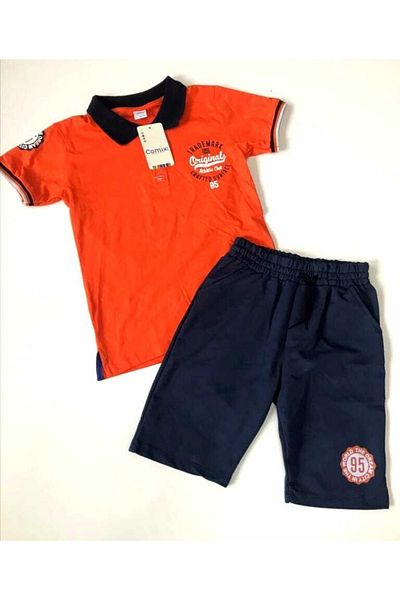 Comix Boy's Orange-Navy Blue Polo Collar Cotton Double Suit