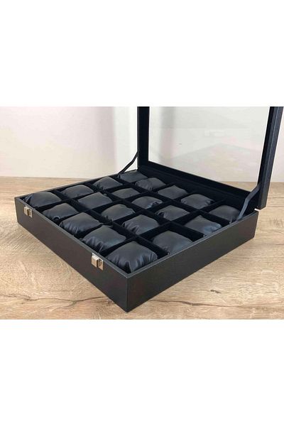 Kelepir Fırsatlar Box of 20 Glass Top Leather Covered Large Size Black Padded Turkish Made Wristwatch