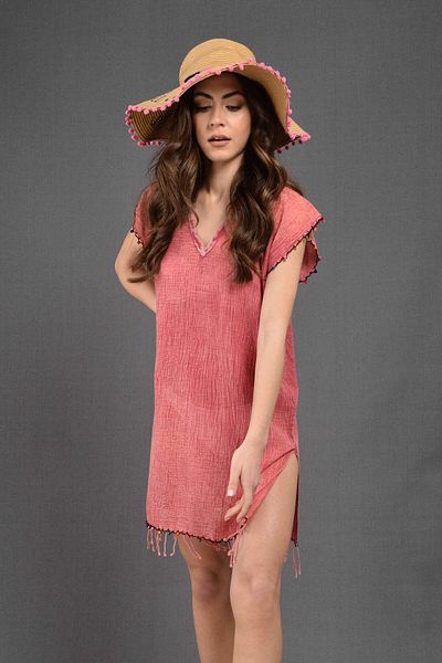 Dosimira Grinded Denim Fuchsia 100% Cotton Handcrafted Beaded Collar Pareo / Beach Dress