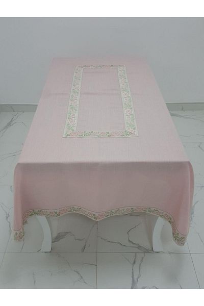 Finezza Daffodil Jacquard Bordered Linen Fabric Powder Tablecloth 160x230 Cm - 1137