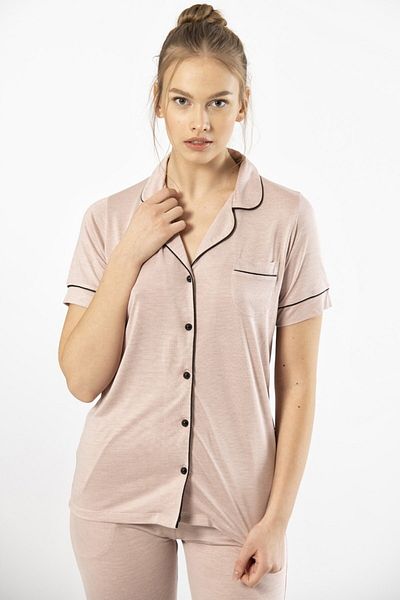 TÜREN Solid Color Pocket Short Sleeve Summer Shirt Collar Pajamas Set