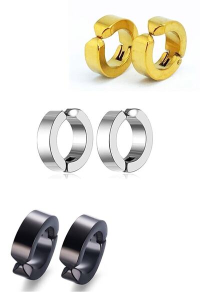 TREND COLLECTİON 3 Çift Sıkıştırmalı Deliksiz Halka Unisex Çelik Küpe Gold Si...