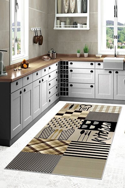 Latibule Mavi Kitchen Open Temalı Yıkanabilir Kaymaz Taban Leke Tutmaz Modern Mutfak Halısı