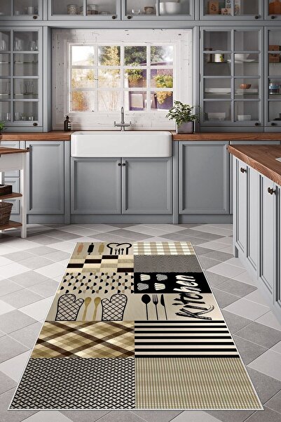 Latibule Mavi Kitchen Open Temalı Yıkanabilir Kaymaz Taban Leke Tutmaz Modern Mutfak Halısı