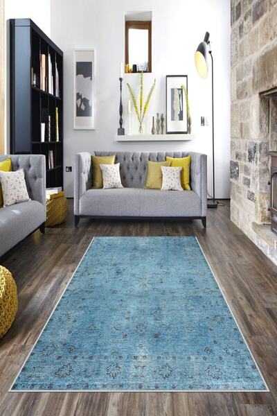 Latibule Mavi Zemin Çiçek Desenli Yıkanabilir Kaymaz Taban Leke Tutmaz Modern Salon Halısı Ve Yolluk