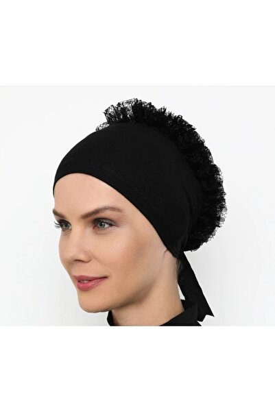 Nazar Aksesuar Kaydırmaz Fırfırlı Bone Siyah Tesettür Giyim