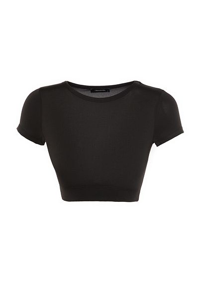 Trendyol Collection Schwarzes Crop-Strick-Sportoberteil/Bluse mit leichtem Halt und weicher Textur und Rundhalsausschnitt TWOAW21BZ0158